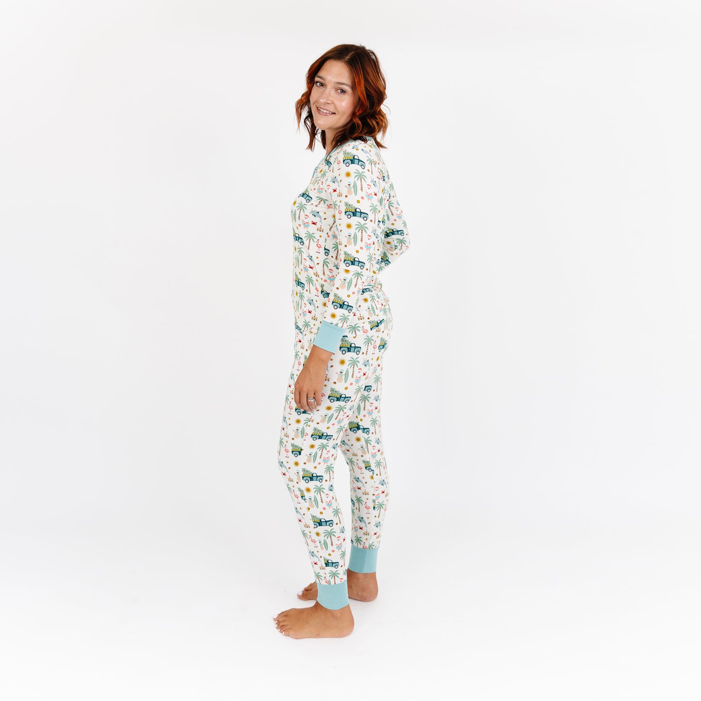 Woman wearing a matching jogger pants and long sleeve pajama set.