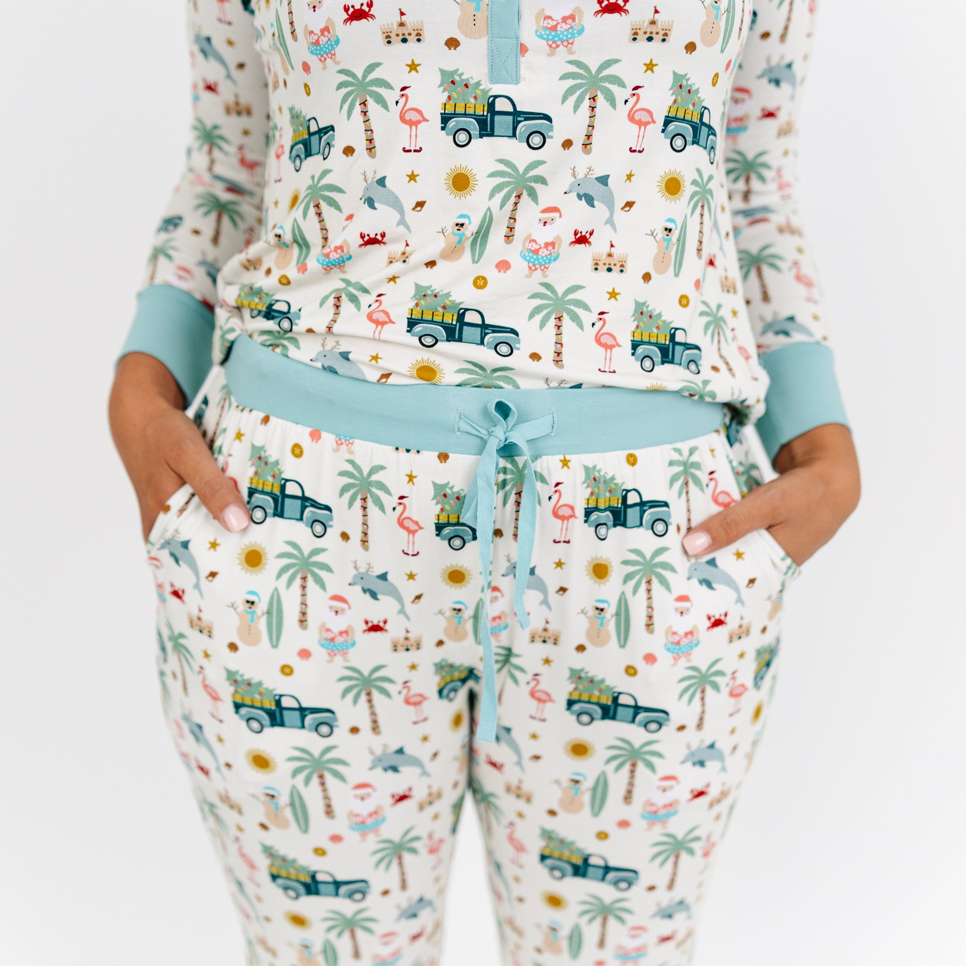 PJ set with tropical pattern on a plain background