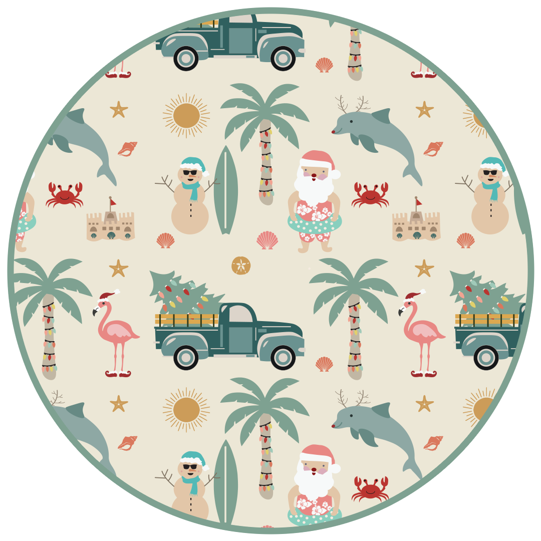 the "coastal Christmas" print is a mix of sandman, beach Santas, decorated palm trees, flamingos with Santa hats, dolphins with reindeer antlers, craps, suns, shells, and starfish scattered around a white background. 