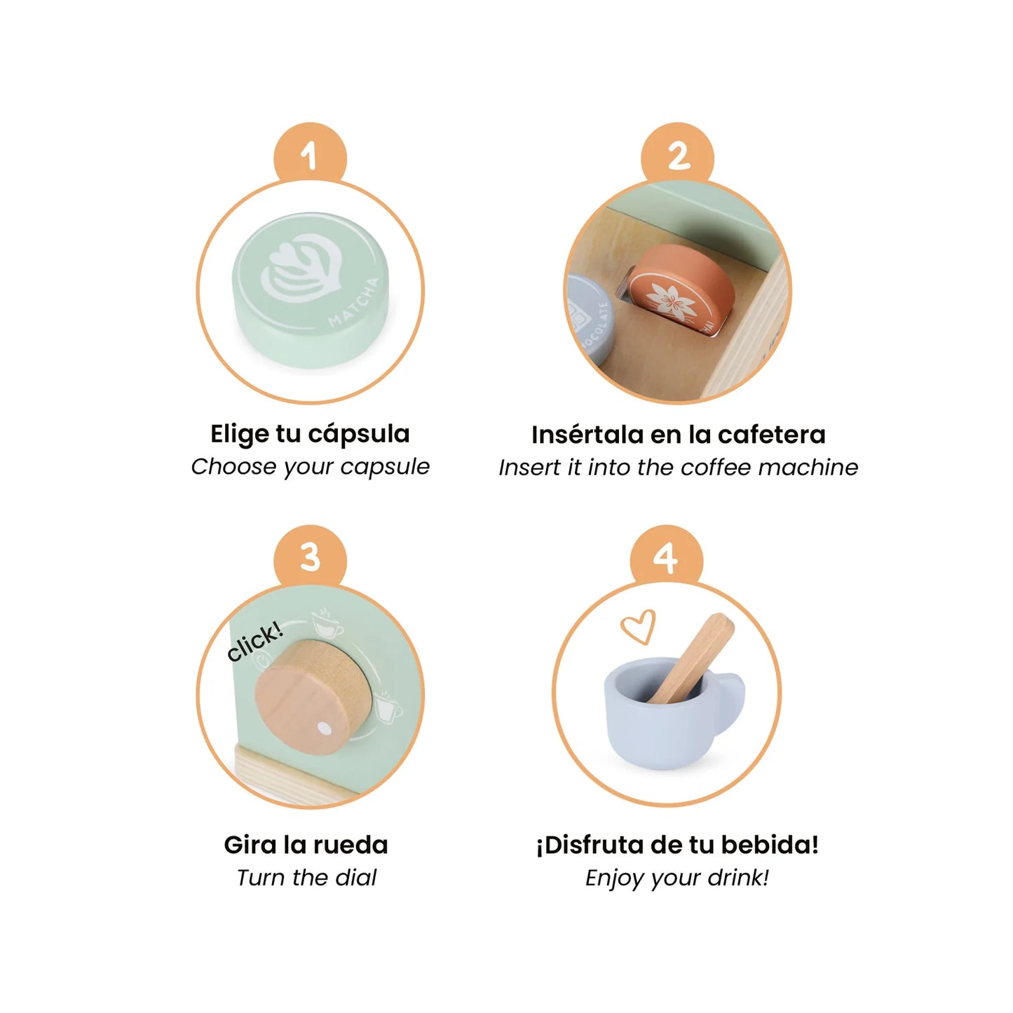 Step-by-step guide for using a coffee machine with capsules on a white background