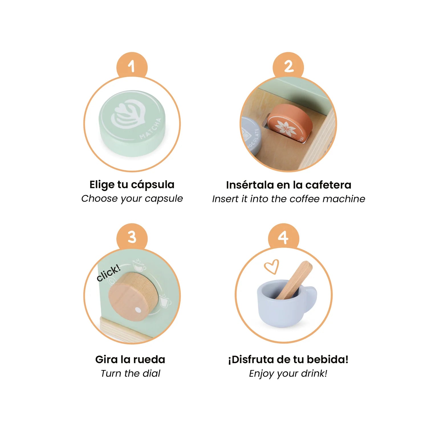 Step-by-step guide for using a coffee machine with capsules on a white background