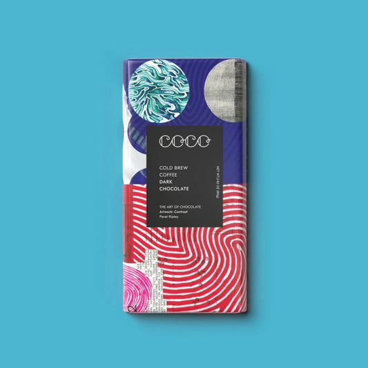 Chocolate bare in an artsy blue and red wrapper
