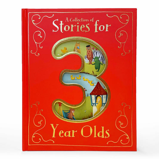 a red book with a large 3 cutout in the center and its full of stories appropriate for 3 year olds