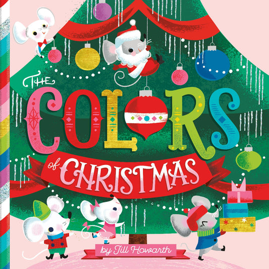 5 mice decorating a christmas tree with lots of different colors