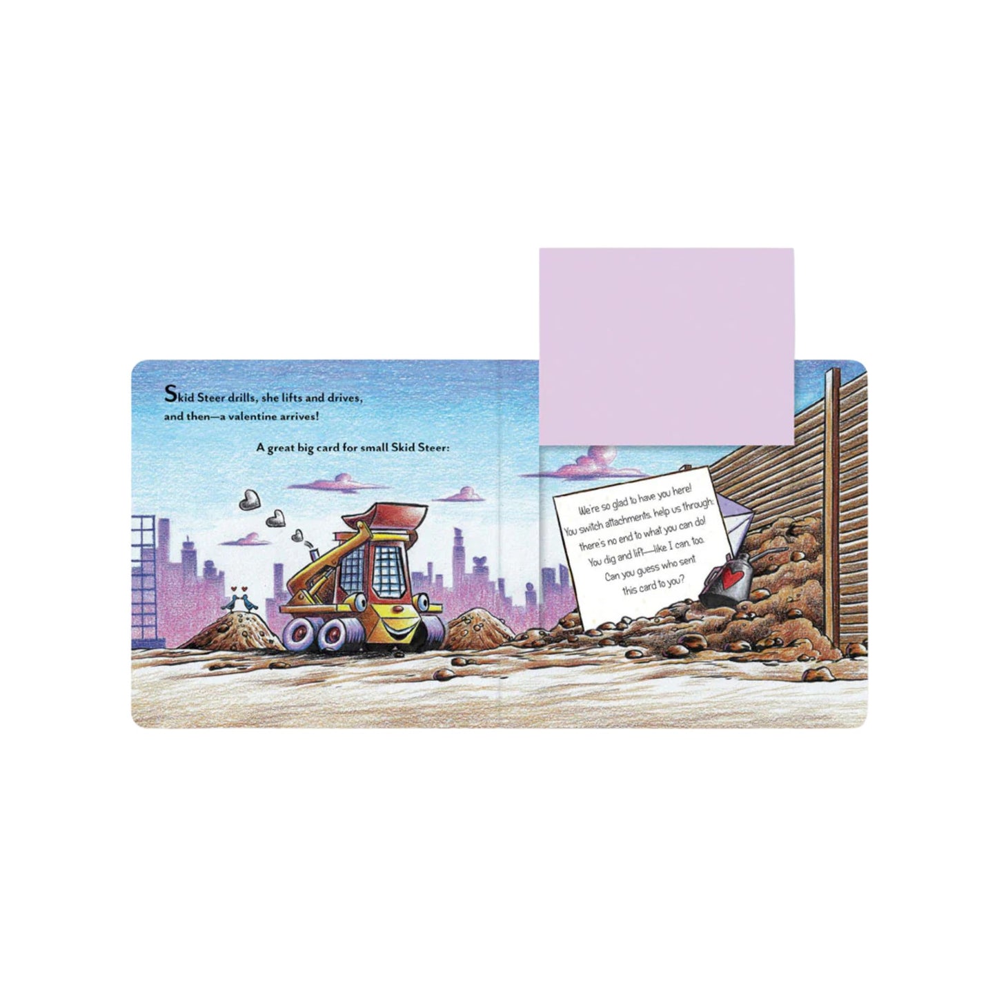 Valentine's Day card with construction-themed illustration and envelope on a white background