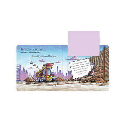 Valentine's Day card with construction-themed illustration and envelope on a white background