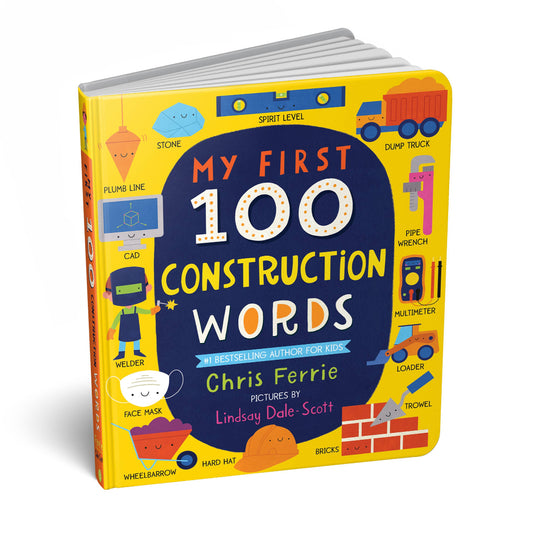 little yellow and blue padded board book with lots of construction themed word pictures on the front