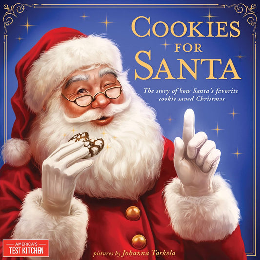 blue book with santa claus eating a cookie on the front cover