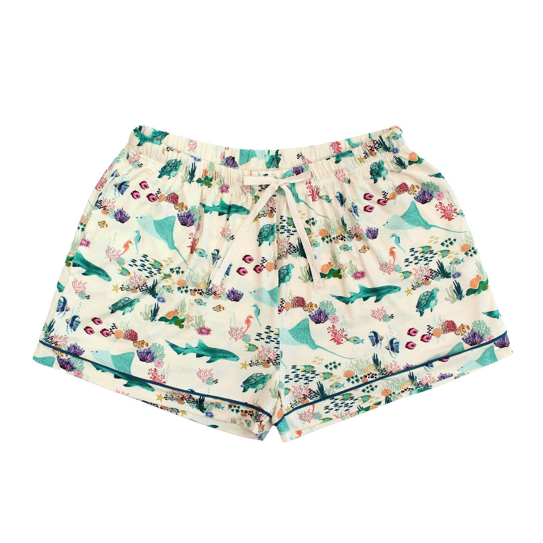 Emerson and Friends Coral Reef Women's Bamboo Pajama Shorts, featuring an ocean-inspired print with sharks, sea turtles, and coral, crafted from ultra-soft and breathable bamboo fabric with an adjustable drawstring waist for maximum comfort.