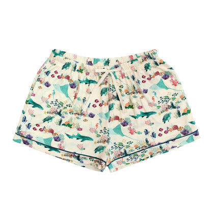 Emerson and Friends Coral Reef Women's Bamboo Pajama Shorts, featuring an ocean-inspired print with sharks, sea turtles, and coral, crafted from ultra-soft and breathable bamboo fabric with an adjustable drawstring waist for maximum comfort.