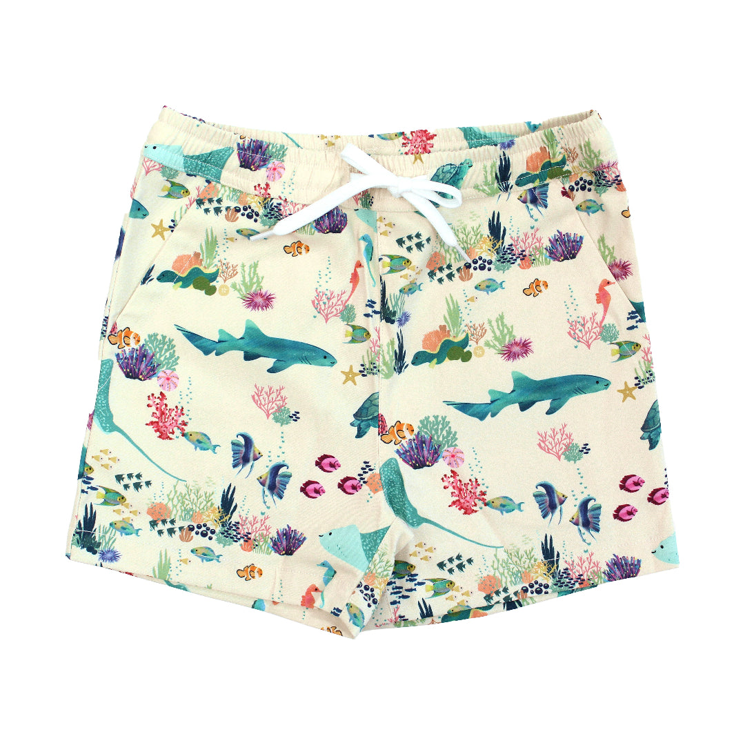 Emerson and Friends Coral Reef Boys Swim Trunks, featuring a vibrant ocean-themed design with sharks, sea turtles, and coral, made from quick-dry fabric with UPF sun protection for all-day beach and pool fun.