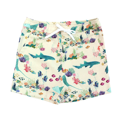Emerson and Friends Coral Reef Boys Swim Trunks, featuring a vibrant ocean-themed design with sharks, sea turtles, and coral, made from quick-dry fabric with UPF sun protection for all-day beach and pool fun.