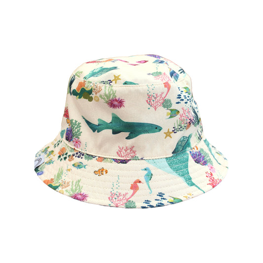 Emerson and Friends Coral Reef Reversible Bucket Hat, featuring a vibrant underwater-inspired design with sharks, sea turtles, and coral, offering sun protection and a stylish, adjustable fit for kids and toddlers.