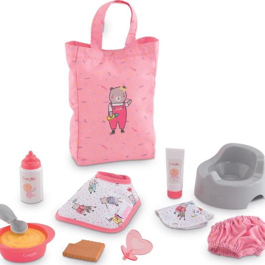 accessory kit for 12in doll including a potty, bottle, bib, pacifier, food, bag, etc