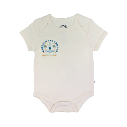 Baby bodysuit with a graphic design on a white background