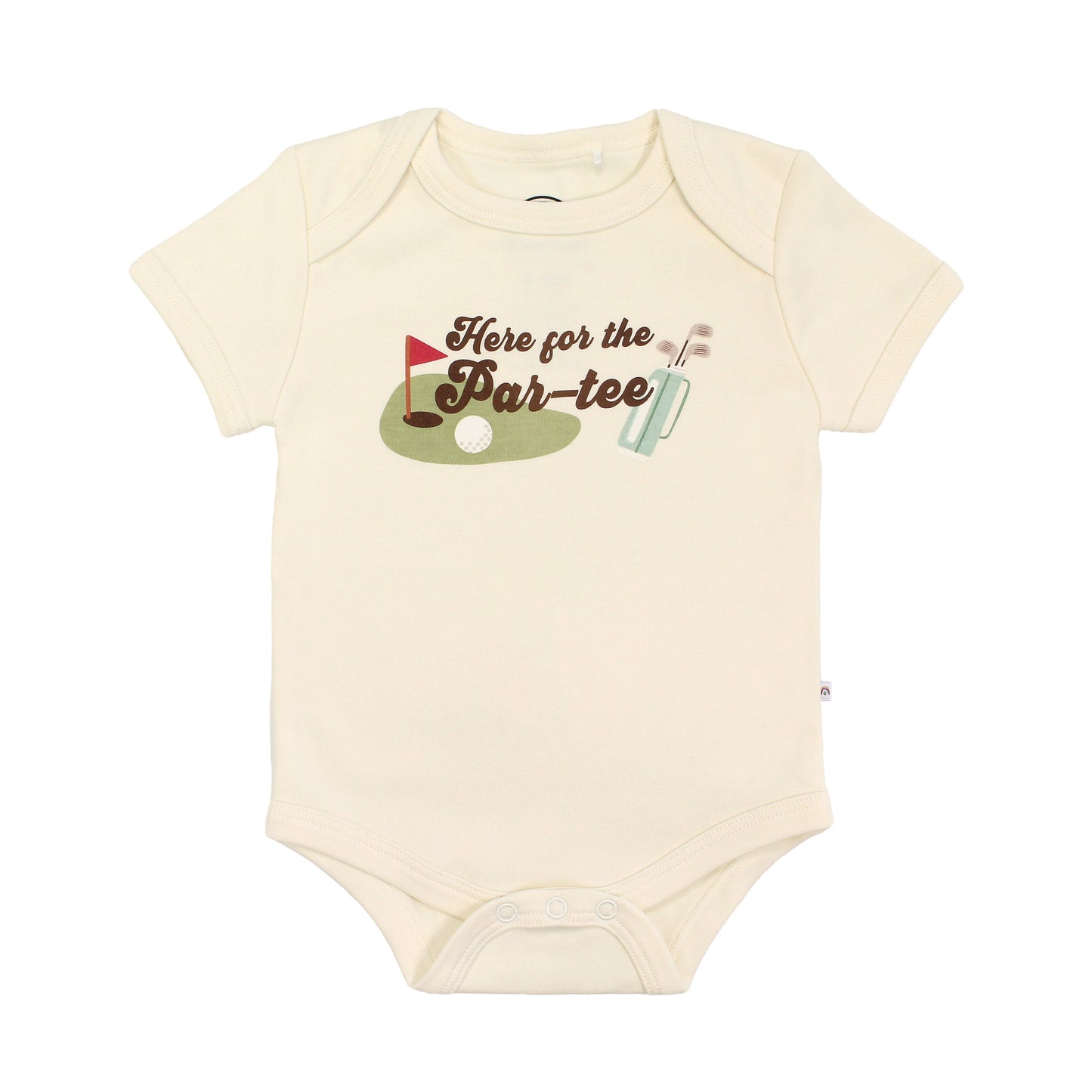 Beige baby onesie with golf-themed design and text on a white background