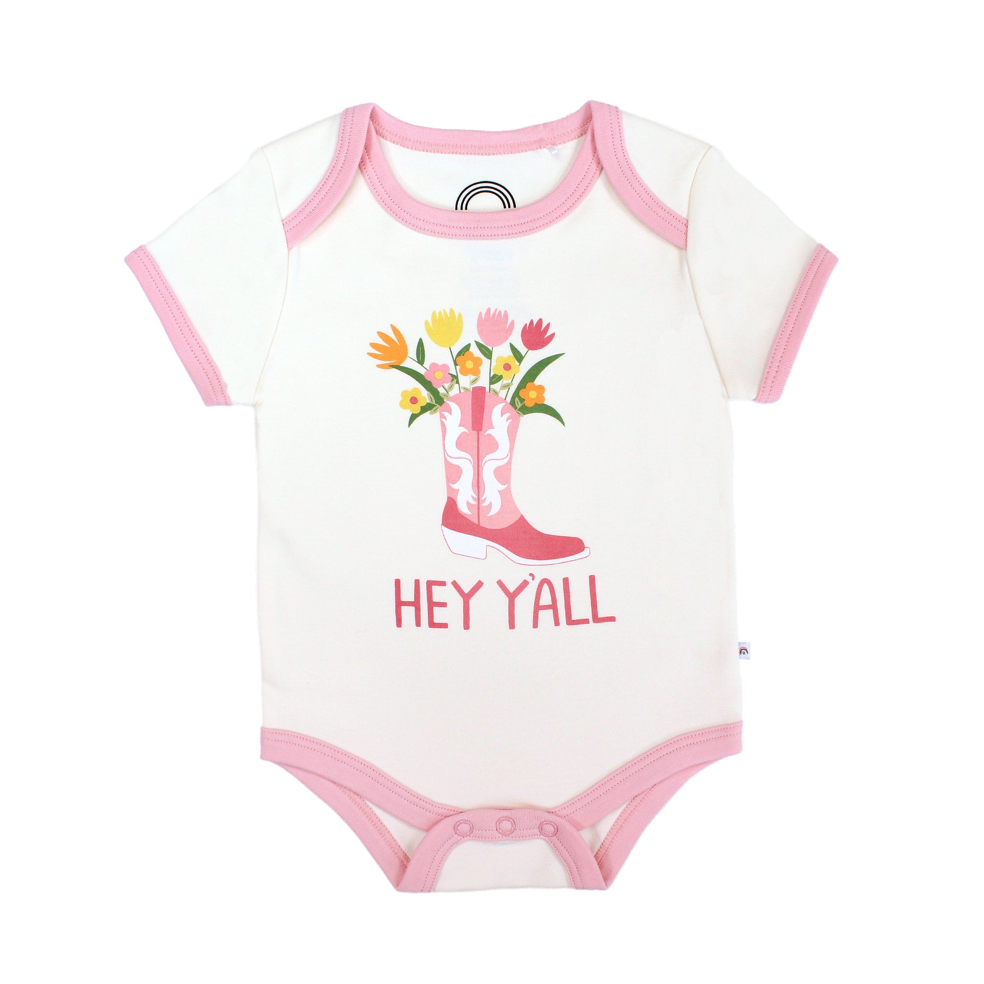 Emerson and Friends Cotton onesie that reads "Hey y'all," showcasing our Western collection. 
