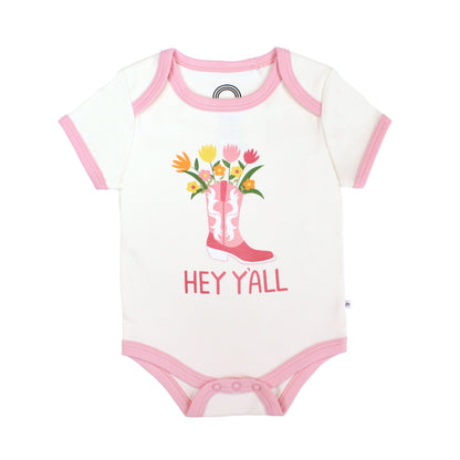 Emerson and Friends Cotton onesie that reads "Hey y'all," showcasing our Western collection. 