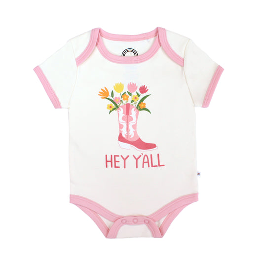 Emerson and Friends Cotton onesie that reads "Hey y'all," showcasing our Western collection. 