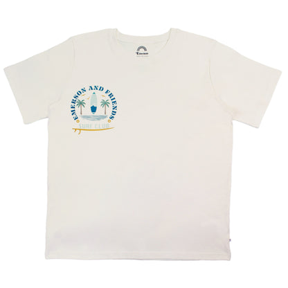 White t-shirt with a graphic design on a white background