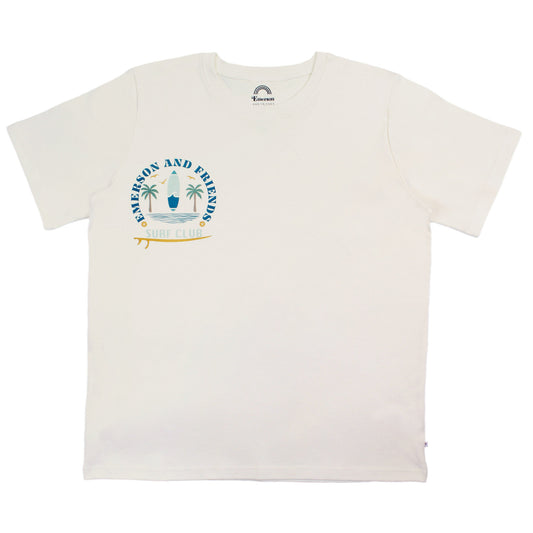 White t-shirt with a graphic design on a white background