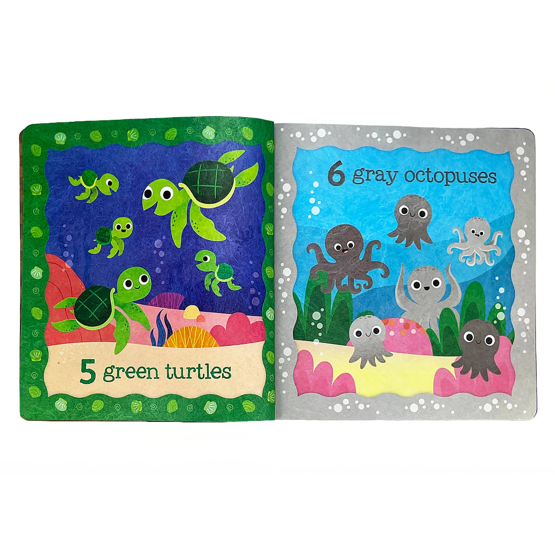 inside of the ocean themed book, 5 sea turtles and 6 octopuses