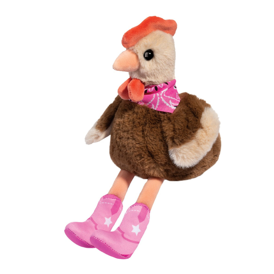 chicken plush toy dressed in pink cowgirl boots and a pink bandana around her neck