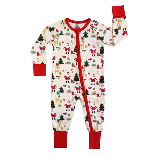 Cozy Christmas bamboo baby zipper pajama with festive Santa, tree, and reindeer print and red cuffs – buttery soft and gentle on sensitive skin.