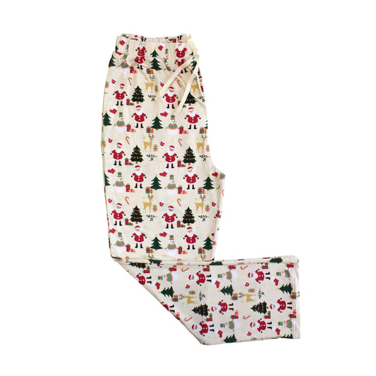 Flat lay of Cozy Christmas bamboo relaxed fit pants with drawstring waist, red cuffs, and festive holiday print.