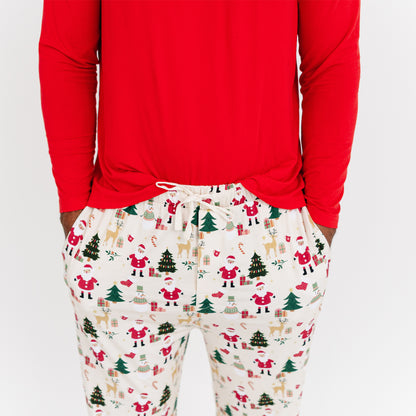 Close-up of Cozy Christmas bamboo relaxed fit pants highlighting soft fabric, functional pockets, and festive holiday print.