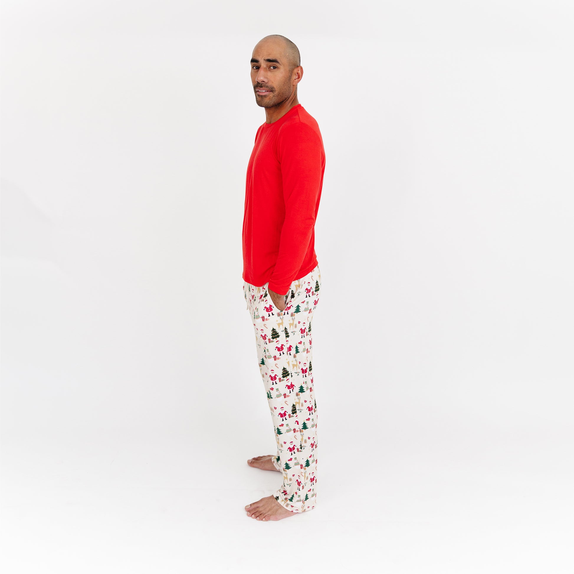 Side view of Cozy Christmas bamboo relaxed fit pants showcasing breathable bamboo fabric and comfortable fit.