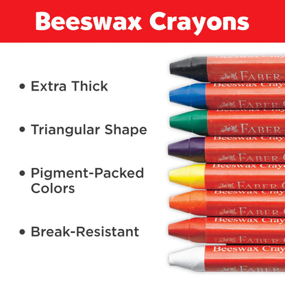 Faber-Castell beeswax crayons with features listed on a white background