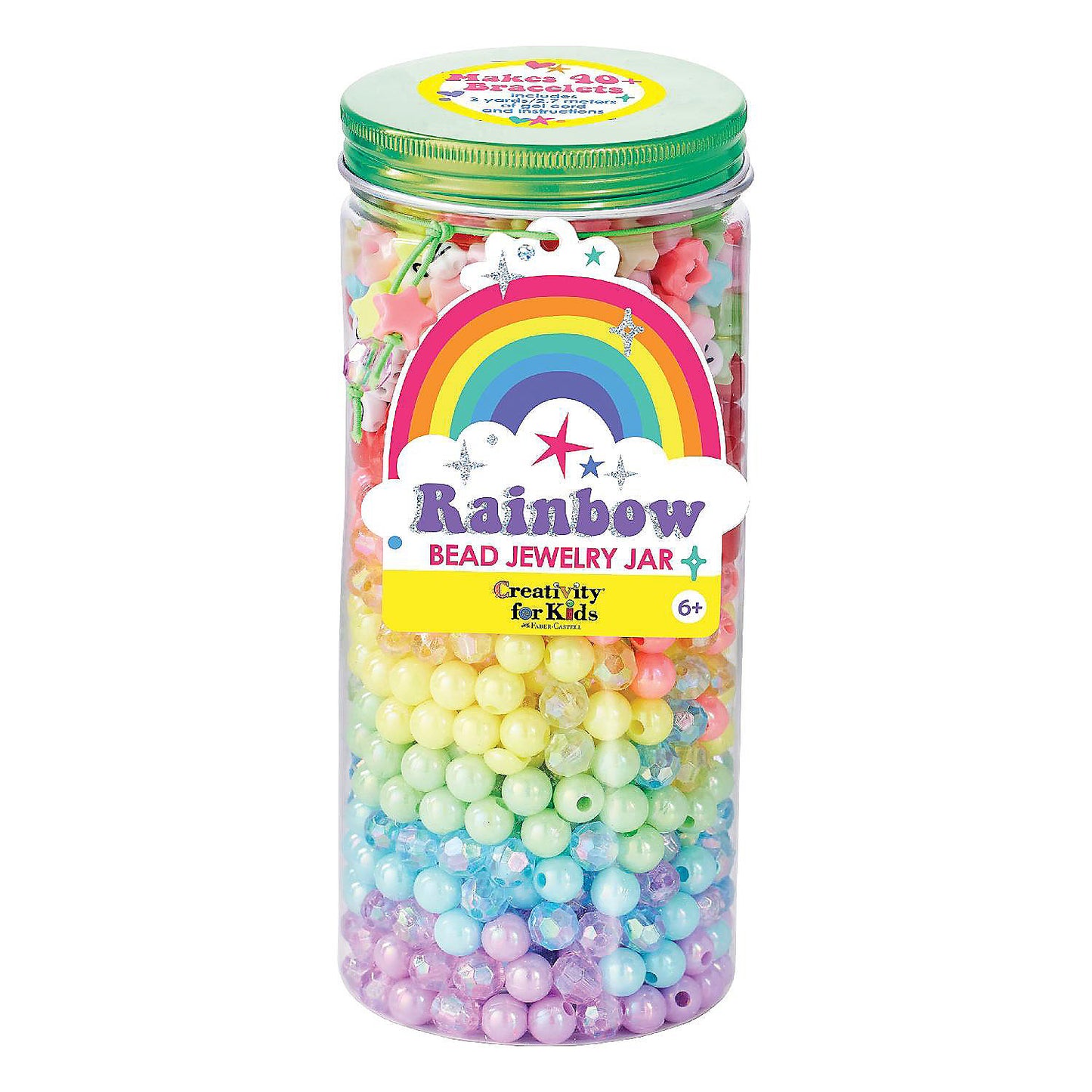 Rainbow bead jewelry jar with colorful beads and a rainbow design on the label.