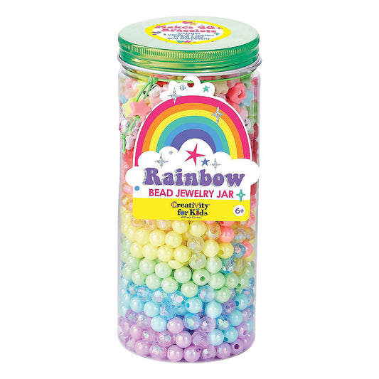 Rainbow bead jewelry jar with colorful beads and a rainbow design on the label.