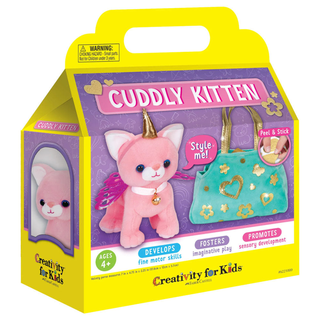 Cuddly Kitten toy set packaging with pink cat, turquoise bag, and yellow handle on a white background.
