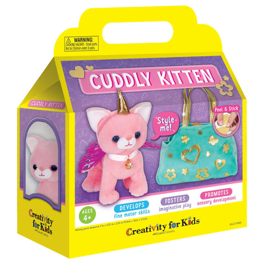 Cuddly Kitten toy set packaging with pink cat, turquoise bag, and yellow handle on a white background.