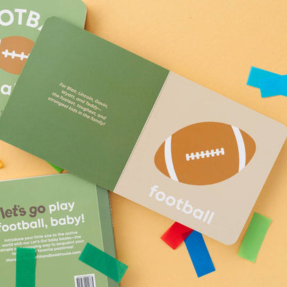 Children's book with football illustration and text on a yellow background