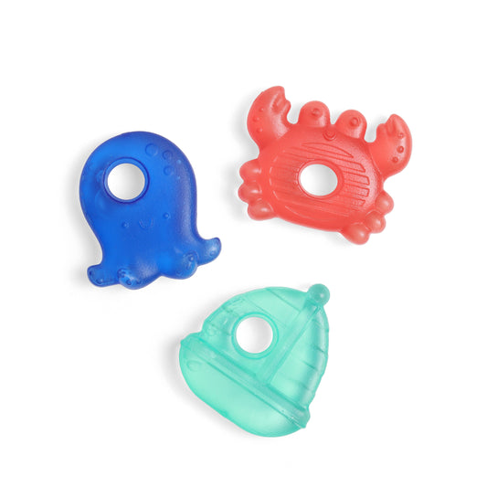 Three colorful silicone teethers shaped like an octopus, crab, and boat on a white background.