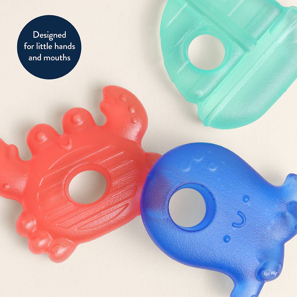 Three colorful teething toys on a light background with text 'Designed for little hands and mouths'.
