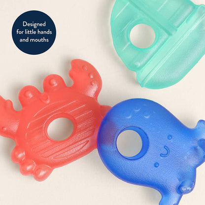 Three colorful teething toys on a light background with text 'Designed for little hands and mouths'.