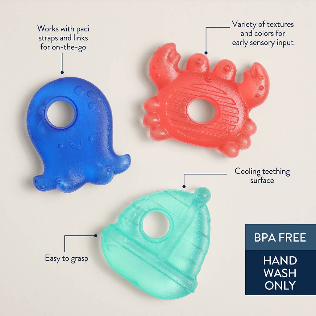 Three colorful teething toys with text describing their features on a beige background.