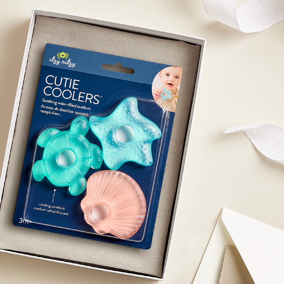3 pack of teethers, a starfish, a seashell, and a turtle