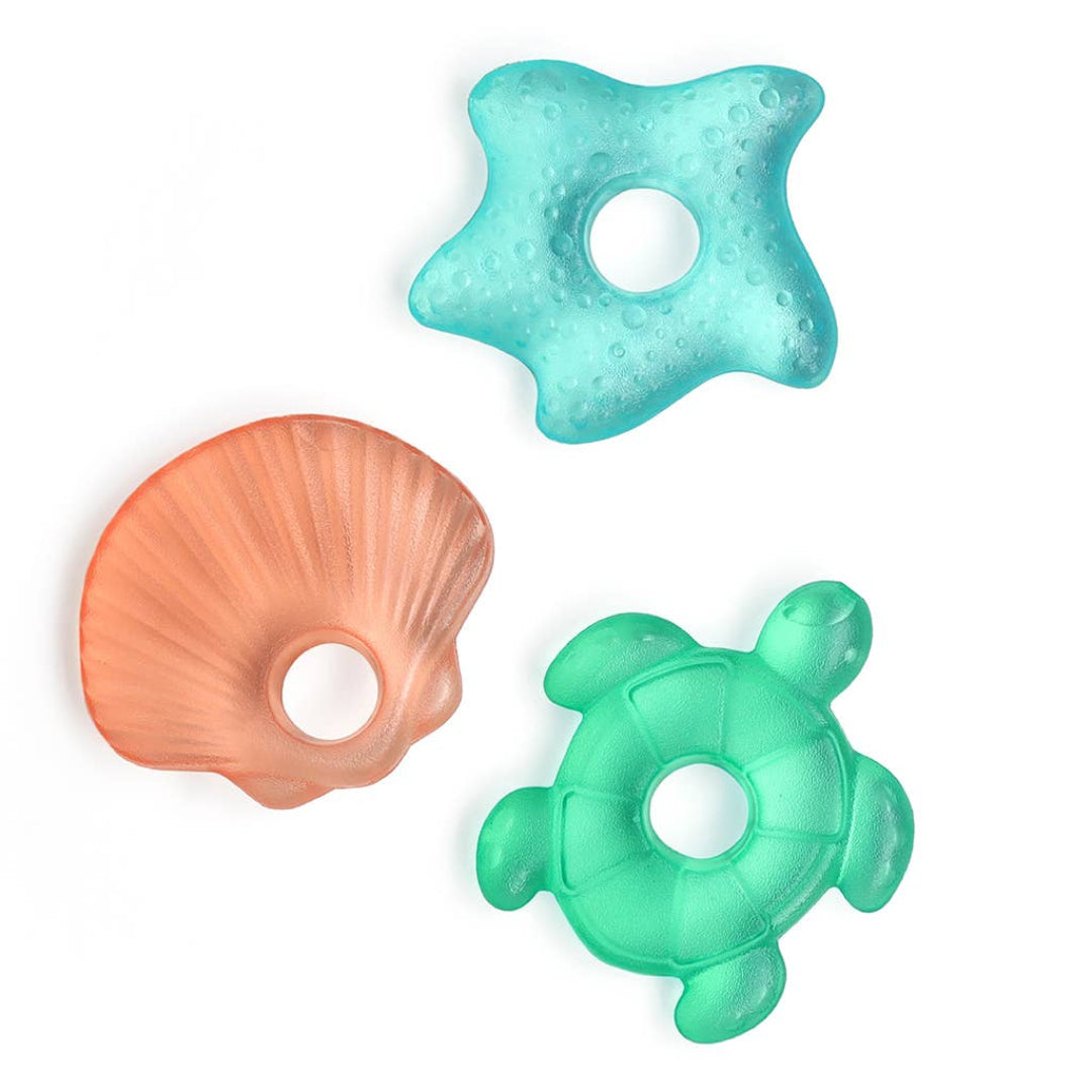 3 pack of teethers, a starfish, a seashell, and a turtle