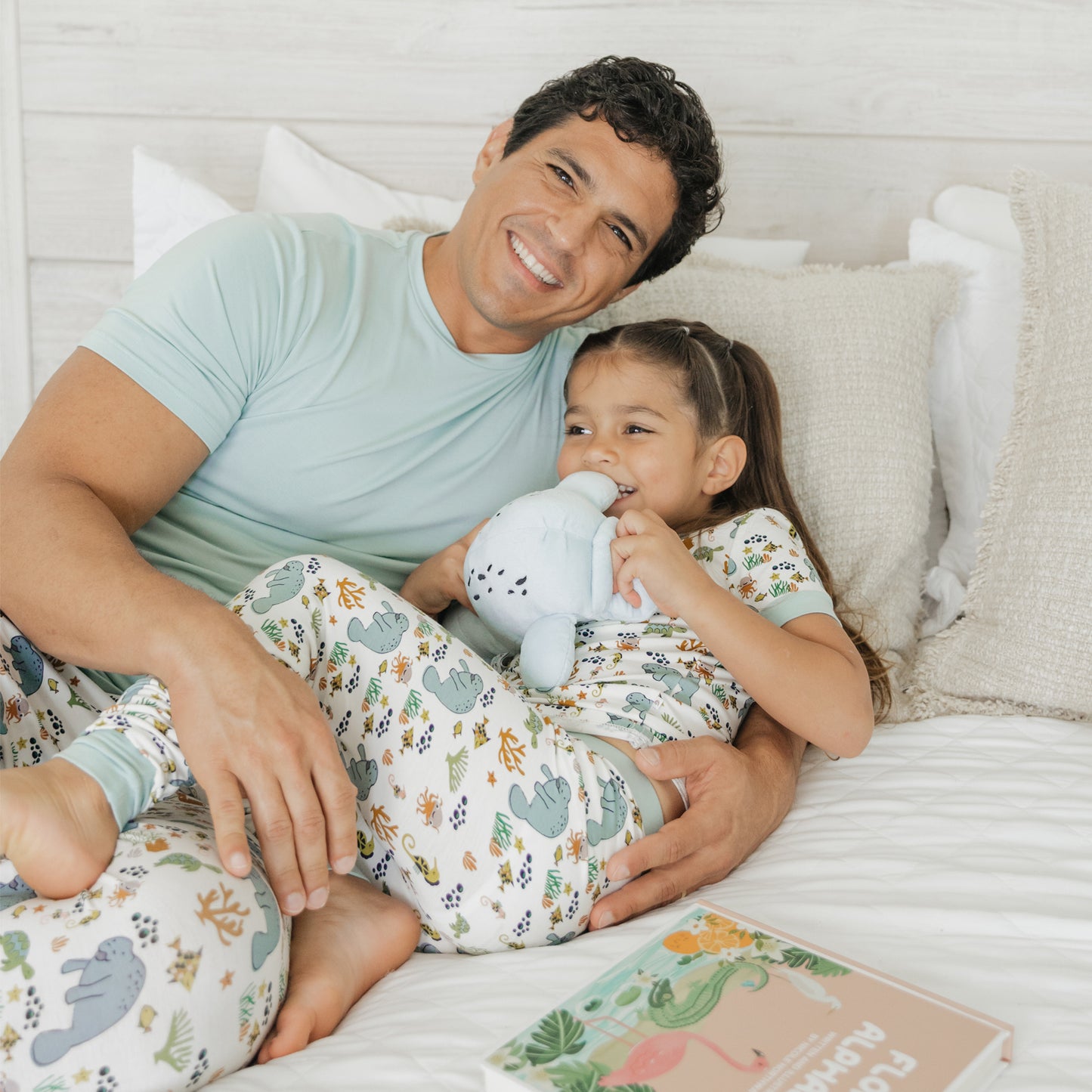Family wearing matching manatee bamboo pajamas soft breathable sleepwear for kids and adults