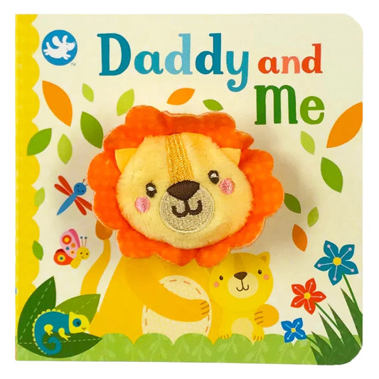 Yellow and orange lion finger puppet on a multi-colored board book with various animals