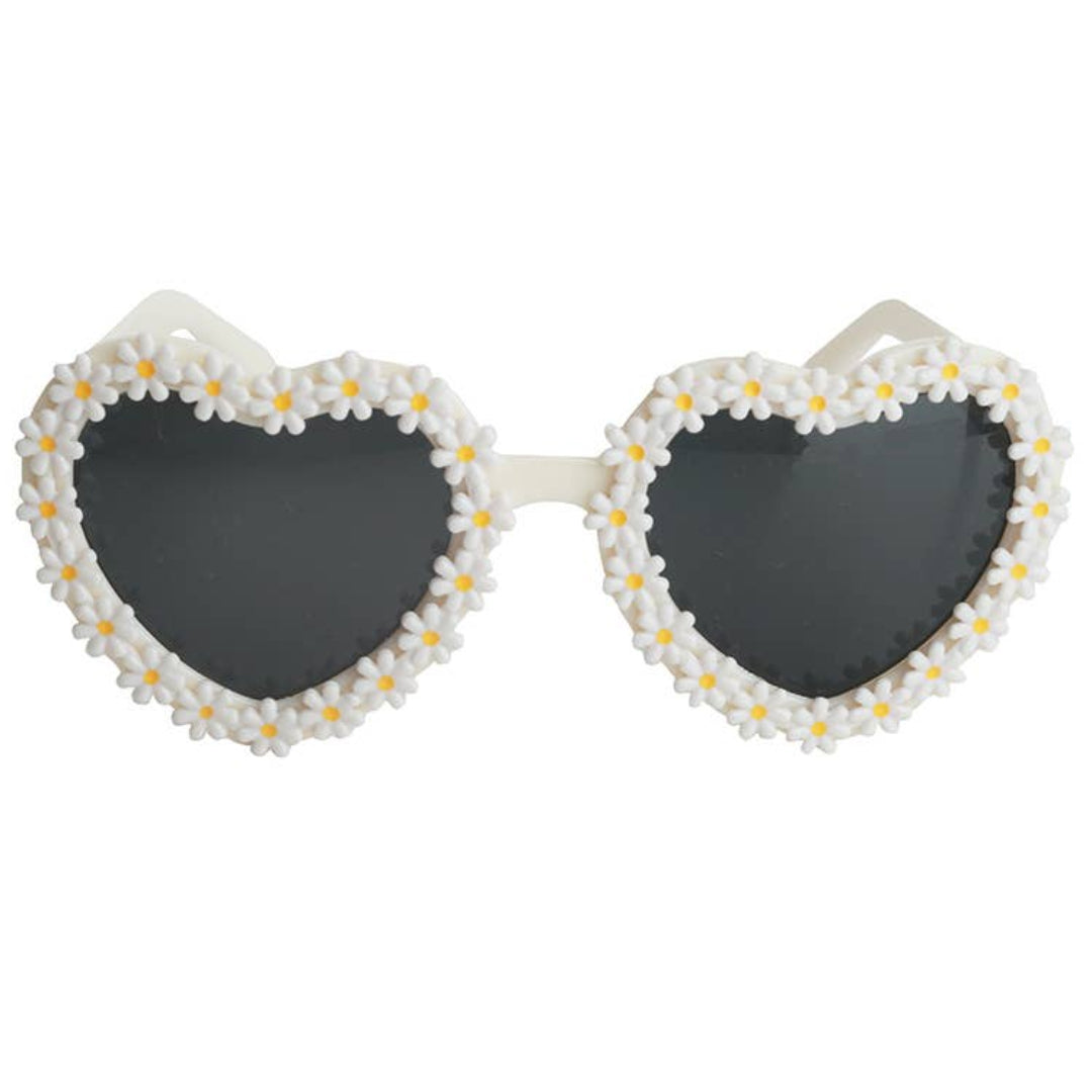 Heart shaped sunglasses with white daisies all around each lens