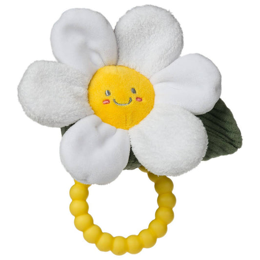 daisy plush toy with a yellow teether ring on the bottom
