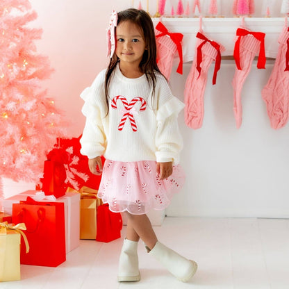 Sweet Wink - Candy Cane Christmas Ruffle Sweater - Kids Clothing -Holiday