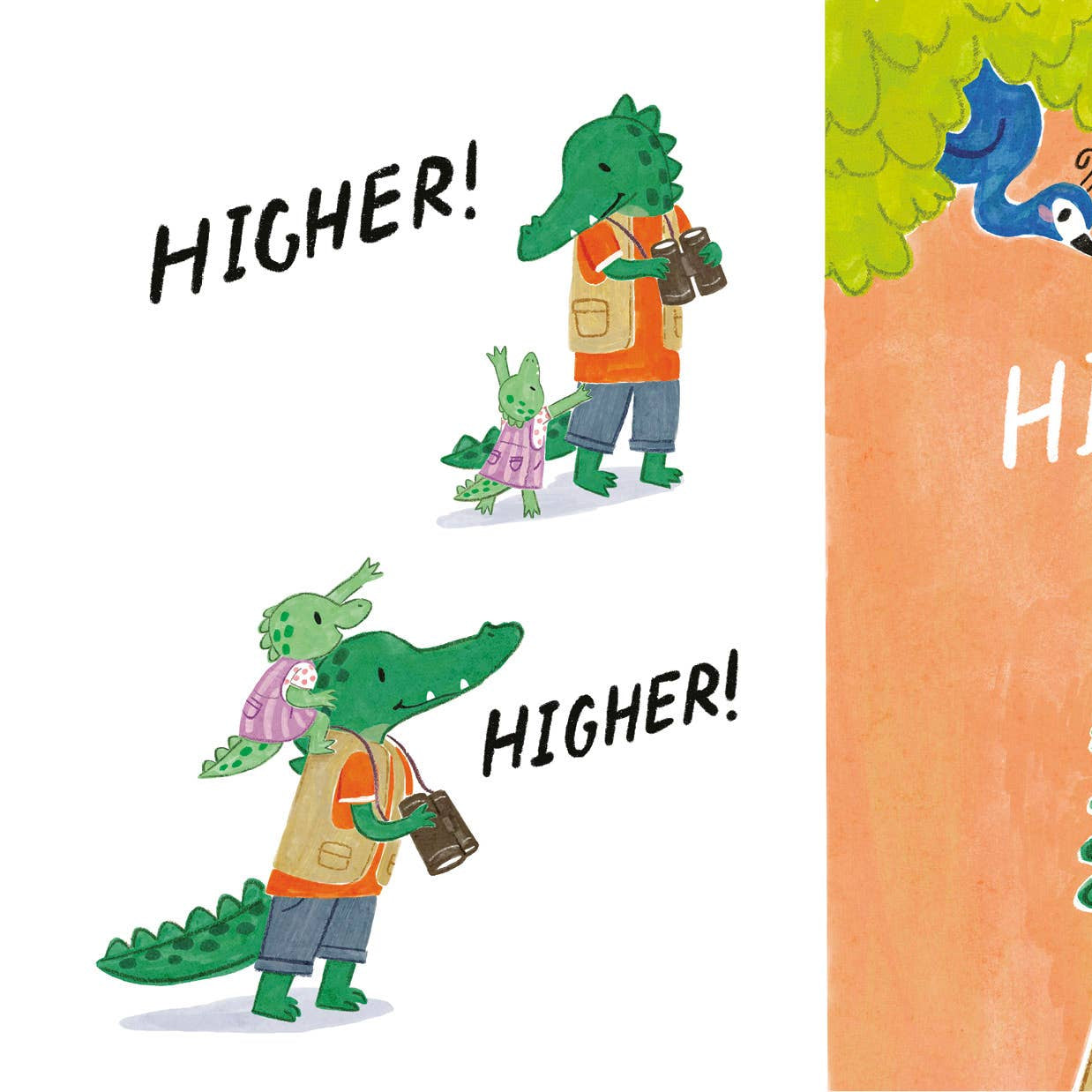Illustration of a person with a child climbing a tree, with text 'HIGHER!' on a white background.