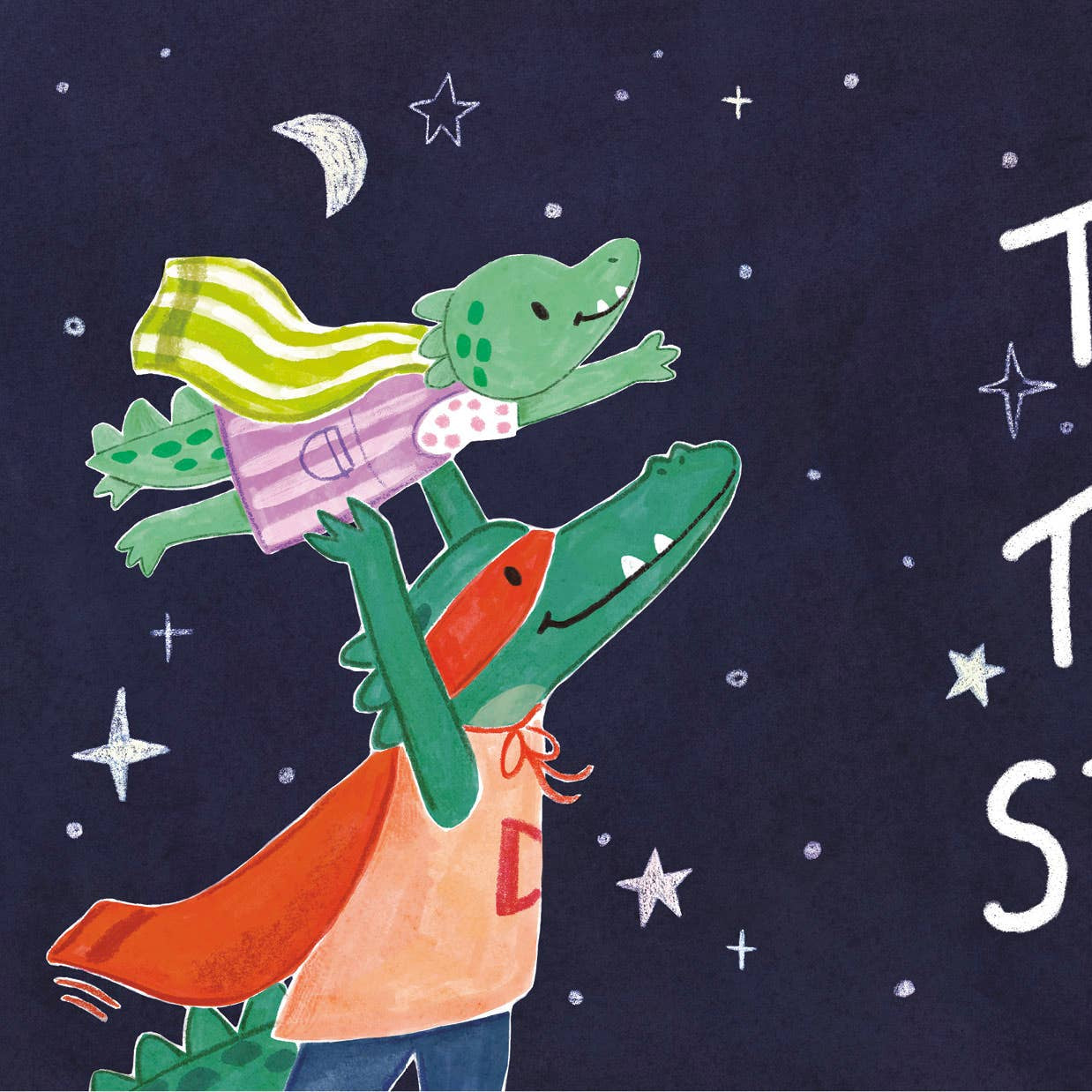 Illustration of two children on alligator back with 'To the Stars!' text against a starry night sky.